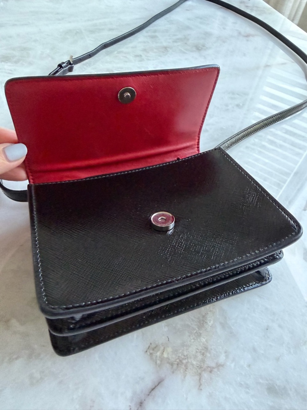 PRADA  Black Saffiano & Red Interior Leather Metal Crossbody Shoulder Bag Clutch - Picture 3 of 15